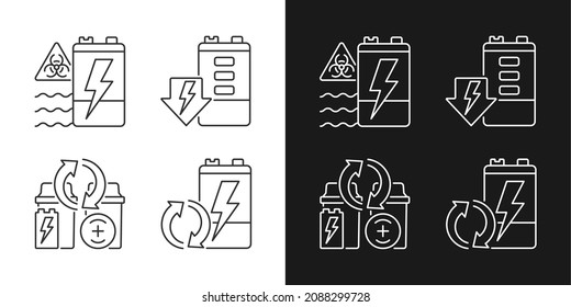 La batería reutiliza los iconos lineales establecidos para el modo oscuro y luminoso. Prevenir la contaminación ambiental. Reciclaje de desechos electrónicos. Símbolos de línea delgada personalizables. Ilustraciones aisladas del contorno vectorial. Trazo editable