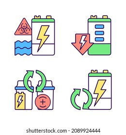 Battery reuse RGB color icons set. Prevent environment contamination. Electrical waste recycling station. Discharged accumulator. Isolated vector illustrations. Simple filled line drawings collection