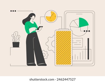 Battery runtime abstract concept vector illustration. Battery innovative solution, extend runtime, charging technology, long life, durability calculation, high energy capacity abstract metaphor.