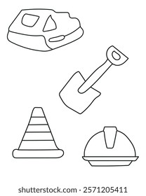 Battery, Safety Gear, traffic Cone common tools in a construction vector set include a saw, ideal for cutting wood, metal, a drill, which creates holes in various materials. clean, modern vector style