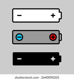 Battery scheme icon with plus and minus signs. Alkaline battery or accumulator silhouette for print or cut on device power compartment surface