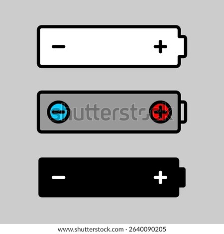 Battery scheme icon with plus and minus signs. Alkaline battery or accumulator silhouette for print or cut on device power compartment surface