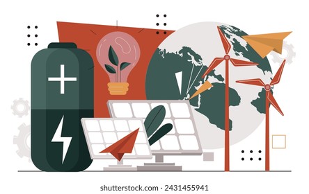 Battery science concept. Alternative energy sources. Care about nature and ecology, environment. Solar panel and wind mill. Cartoon flat vector illustration isolated on white background