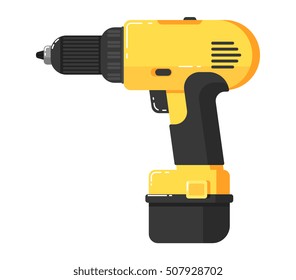 Battery Screwdriver Isolated On White Background Vector Illustration. Drill In Flat Design. Electric Hand Tools For Carpentry And Home Renovation. Construction Power Equipment.