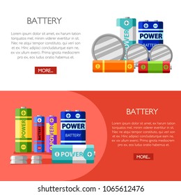 Battery selling concept. Primary cells or non-rechargeable batteries. Secondary cells or accumulators. Car battery. Vector illustration on white and red background.