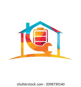 Battery service vector logo design template. Battery and wrench with home icon design..	