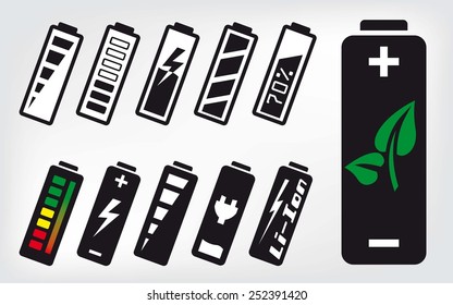 battery set of black icons on grey background
