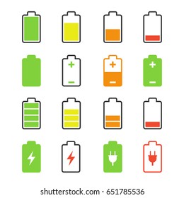 Battery set, charge and discharge rates icons, accumulator level images, strength cycles pictures. Vector flat style illustration isolated on white background