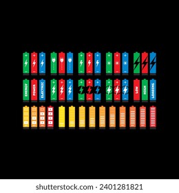 battery set for energy, business, industry. battery concept in percentiles. battery concept with electric plug on black background. lightning symbol a
