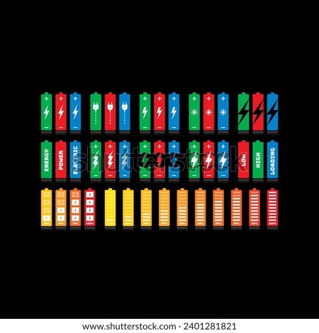 battery set for energy, business, industry. battery concept in percentiles. battery concept with electric plug on black background. lightning symbol a