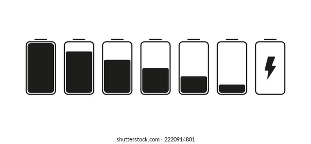Battery set icon. Different level of charging, electricity, plus, minus, contacts, low and high charge level. Autonomy concept. Vector black set icon on a white background