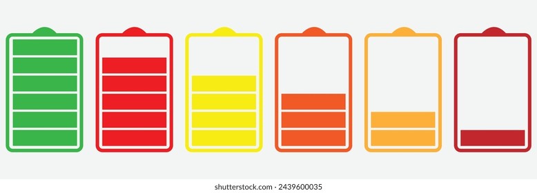 Battery set icon. Different level of charging, electricity, plus, minus, contacts, low and high charge level. Vector black set icon on a white background. Vector illustration. Eps file 78.