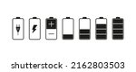Battery set icon.Charging, electricity, plus, minus, contacts, low and high charge level. Autonomy concept. Vector line icon for Business and Advertising