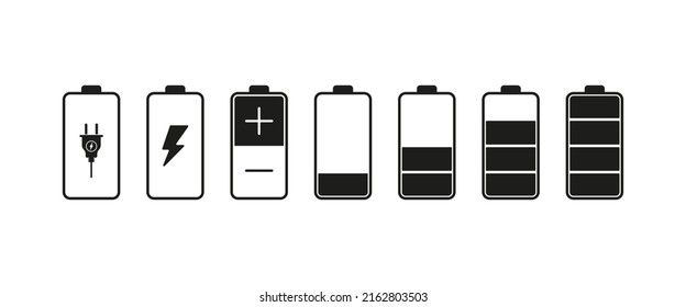 Battery set icon.Charging, electricity, plus, minus, contacts, low and high charge level. Autonomy concept. Vector line icon for Business and Advertising