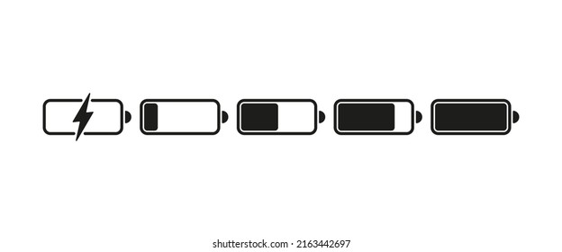 Battery set icon.Charging, energy, electricity, plus, minus, contacts, low and high charge level. Autonomy concept. Vector line icon for Business and Advertising