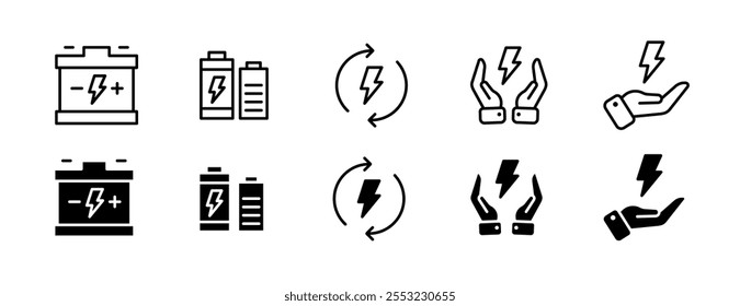 Conjunto de iconos de batería. Iconos de energía. Estilo lineal y de silueta. Iconos del vector.