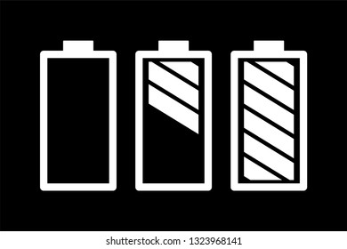 Battery Set On Black Background. Black Flat Style Vector Illustration.
