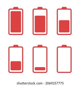 Icono vectorial conjunto de batería. Símbolo rojo