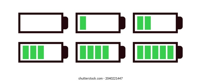Battery set vector symbol different level of charge for ui energy symbol mobile phone, battery charge signs. Car battery indicator. Accumulator battery, wireless charging energy icons. 10 eps
