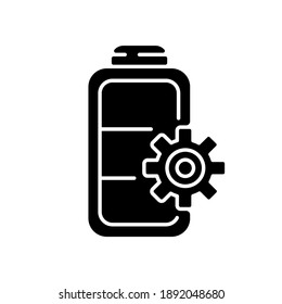 Battery settings black glyph icon. Installing right rules for device usage. Controlling amount of power incoming. Electricity management. Silhouette symbol on white space. Vector isolated illustration