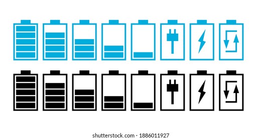 Batterieform. blauer Akkusatz. schwarz Symbol einzeln auf weißem Hintergrund. Batterieaufladeanzeiger mit energieflachem Design. Vektorgrafik.