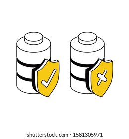 Battery Shield checkmark cross. Vector line, 3d stroke isometric, color web icon, new flat style. Creative illustration design, abstract idea for infographics.