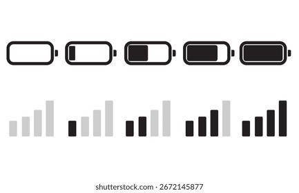 Conjunto de ícones de bateria e sinal | Ilustração vetorial