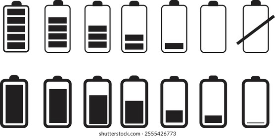 Battery signal symbol black set, battery infographic icon charged. png Vector Smartphone Low Battery, isolated on transparent background, Silhouette vector template design, for website design, mobile.