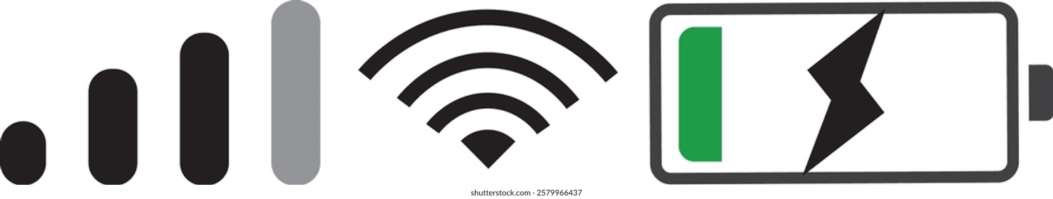 Battery signal and Wi-Fi icon symbol black and white icons pack. Mobile phone signal, wi-fi, battery icon, Icon for design
