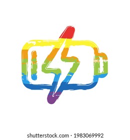 Battery, simple icon. Drawing sign with LGBT style, seven colors of rainbow (red, orange, yellow, green, blue, indigo, violet