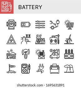 battery simple icons set. Contains such icons as Electric car, Generator, Battery, Levels, Solar energy, Voltage, Power plant, Nuclear power, can be used for web, mobile and logo