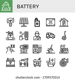 battery simple icons set. Contains such icons as Mechanic, Clean energy, Solar panel, Vaper, Viewfinder, Battery, Camera bag, Solar cell, can be used for web, mobile and logo