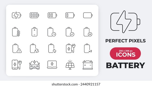 Iconos de línea delgada mínima simple de la batería. Relacionado energía, eléctrica, cargador, energía. Trazo editable. Ilustración vectorial.