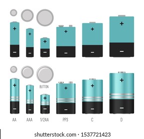 Battery size illustration. Batteries sizes or styles vector image isolated, different batterie electronic industrial objects, lithium chemical electrical components