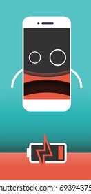 Battery smart phone cartoon in  low energy action. Flat vector illustration.