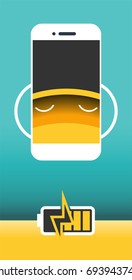 Battery smart phone cartoon in middle or sleeping mode energy action. Flat vector illustration.