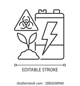 Battery soil contamination threat linear icon. Heavy metal land pollution. Accumulator corrosion. Thin line customizable illustration. Contour symbol. Vector isolated outline drawing. Editable stroke