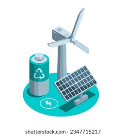 battery and solar panel isometric icon with wind generator in color on white background, renewable energy or clean power