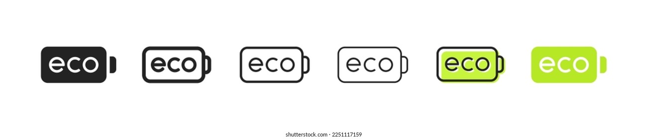 Battery state of charge with eco text set icon. Discharged, full, lightning, electricity, accumulator, electric, power supply. Technology concept. Six vector line icon in different styles