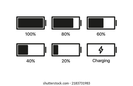 Batteriestatus des Ladungssatzes festgelegt Symbol. Voll, entladen, Blitz, Strom, Strom, Stecker, Einrichtung, Statusleiste, Ladung. Technologiekonzept. Vektorsymbol für Business und Werbung.