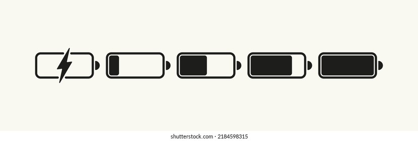 Batteriestatus des Ladungssatzes festgelegt Symbol. Entladen, voll, Blitz, Strom, Akkumulator, Strom, Stromversorgung. Technologiekonzept. Vektorsymbol für Business und Werbung.