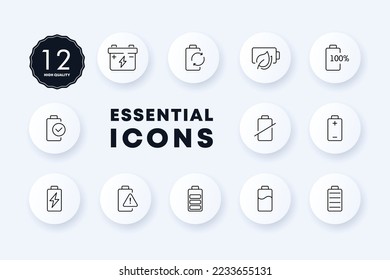 Battery state of charge set icon. Phone charge, night mode, discharged, full, lightning, electricity, accumulator, electric, power supply. Technology concept. Neomorphism style. Vector line icon