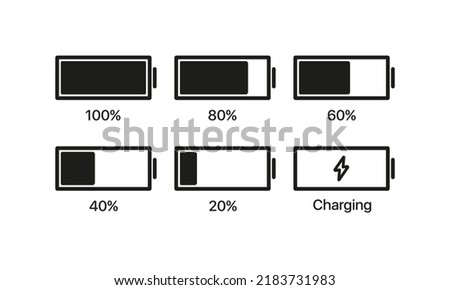 Battery state of charge set icon. Full, discharged, lightning, electricity, electric, plug, device, status bar, charging. Technology concept. Vector line icon for Business and Advertising.