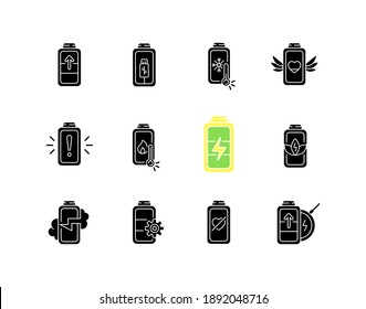 Battery status black glyph icons set on white space. Innovational charging process. Using cables for getting electricity. Wireless station. Silhouette symbols. Vector isolated illustration