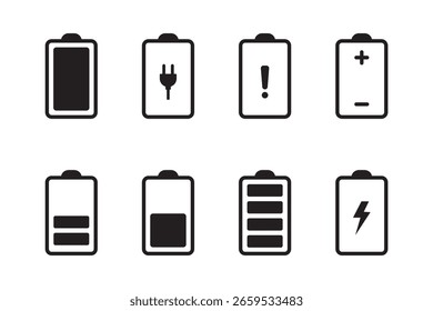 Estado de la batería y la carga de iconos vectoriales Set . Recargo completo de la batería de los iconos del Estado de energía y Recargo bajo. eps 10