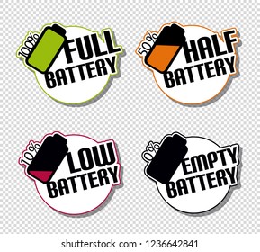 Battery Status Full Half Low Empty Stickers - Colorful Vector Illustration - Isolated On Transparent Background