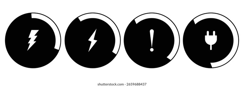Battery status icon. phone battery level indicator symbol. full charge or low charge sign. cellphone battery power symbol. Charging vector sign.Circle battery charging indicators with lightning symbol