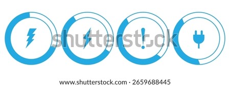 Battery status icon. phone battery level indicator symbol. full charge or low charge sign. cellphone battery power symbol. Charging vector sign.Circle battery charging indicators with lightning symbol