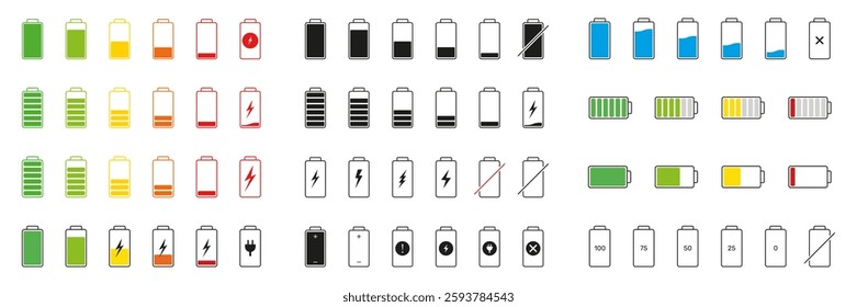 Battery Status Icon Set. Battery Charge Levels Silhouette Symbol Collection. Isolated Vector Illustration.