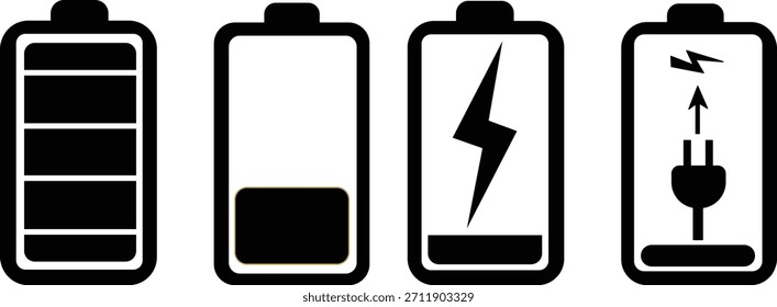 Conjunto de ícones de status da bateria mostrando carregamento, baixo consumo, carga total e nível de energia com eletricidade e indicador recarregável"